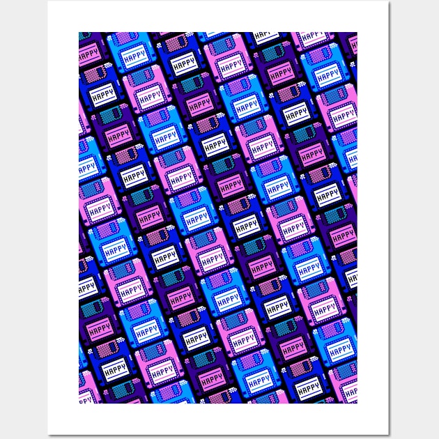 Happy Blue Vaporwave Floppy Disk Pattern Wall Art by jessicaamber